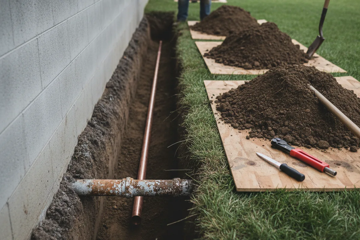 Excavated water line trench during Sewer Line Repair in Elton
